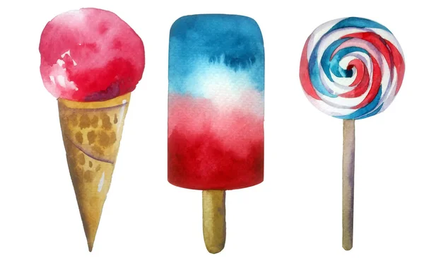 Watercolor ice cream and candy in colors of american flag. Beautiful handdrawn illustration isolated on white background — Stock Photo, Image
