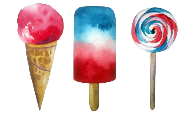 Gelado aquarela e doces nas cores da bandeira americana. Bela ilustração desenhada à mão isolada sobre fundo branco — Fotografia de Stock