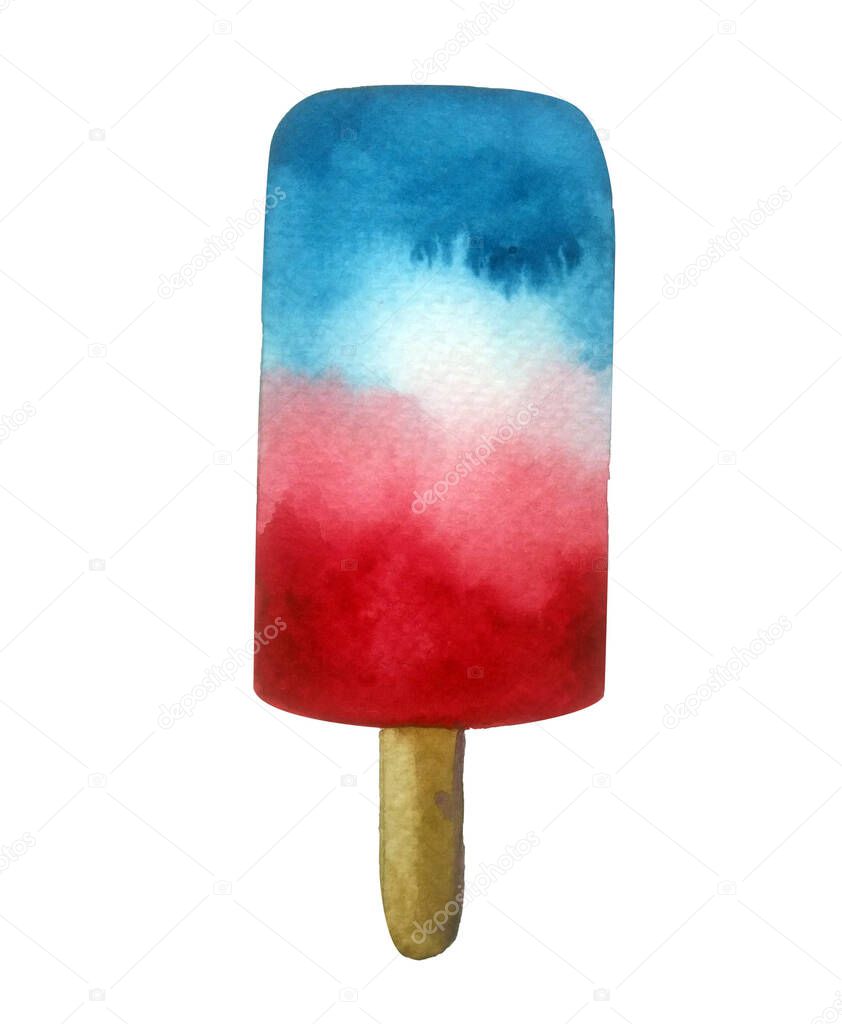 Watercolor ice cream in colors of american flag. Beautiful handdrawn illustration isolated on white background