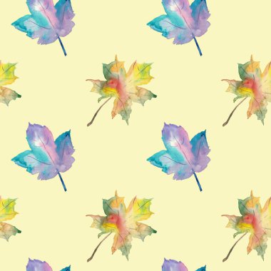 Sonbahar yapraklarıyla kusursuz desen. El çizimi suluboya çizimi.