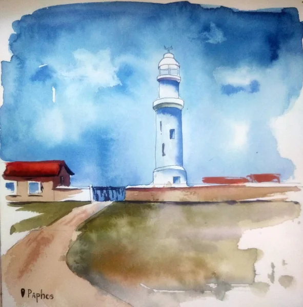 O farol em Paphos, Cyprus. ilustração aquarela pintados à mão — Fotografia de Stock