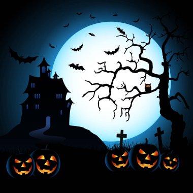 Kabaklar ve korkunç kale vektör eps 10 halloween gece mavi arka plan