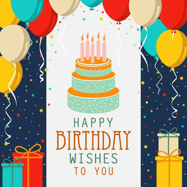 Tarjeta de cumpleaños con pastel y globos de colores en diseño plano — Vector de stock