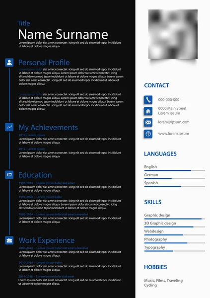 CV personal profesional cv en negro azul blanco diseño — Vector de stock