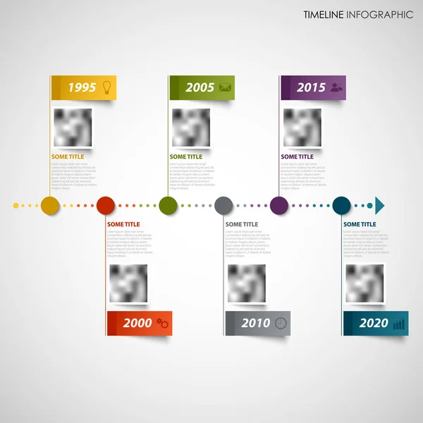 Línea de tiempo info gráfico con punteros de diseño de colores y pegatinas — Archivo Imágenes Vectoriales