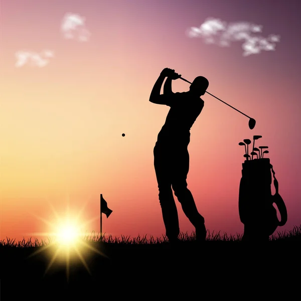 Silhouette of golfer with bag at sunset template — Stock Vector