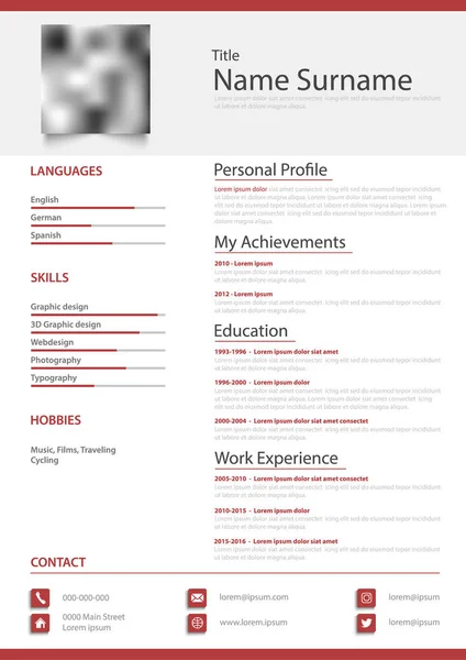 CV personnel professionnel cv dans un design blanc rouge simple — Image vectorielle