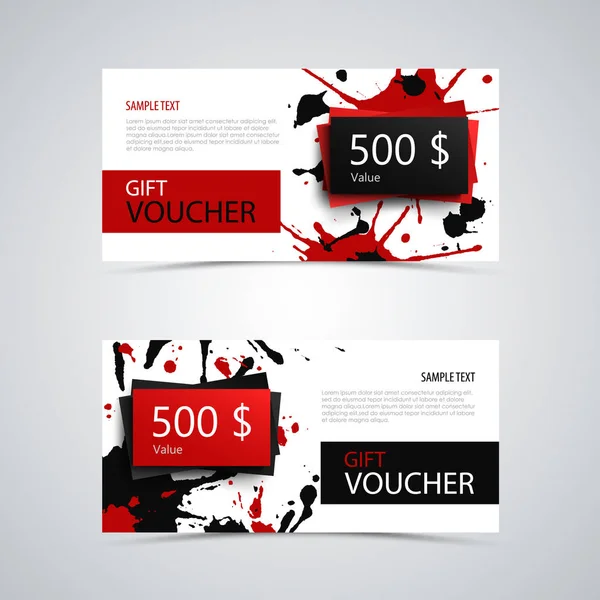 Chèque-cadeau avec des taches abstraites dans le design noir rouge — Image vectorielle