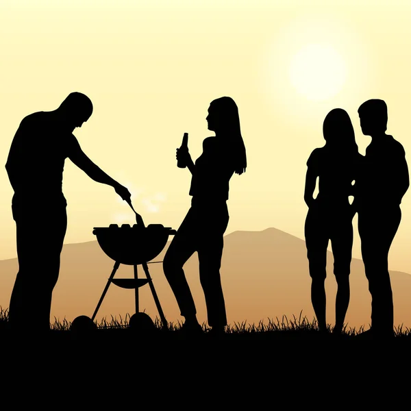 Cartel de barbacoa con siluetas para personas y plantilla de parrilla — Vector de stock