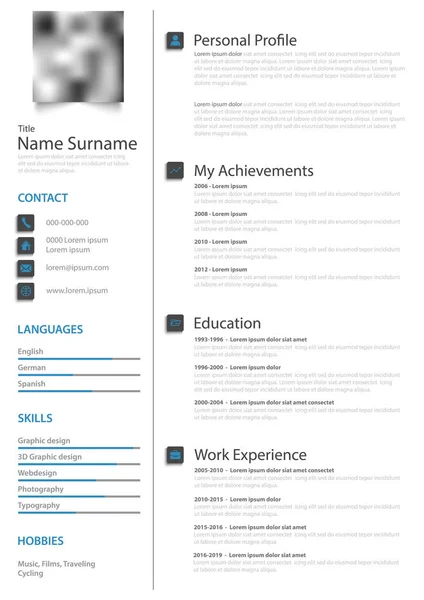 CV personal profesional cv en plantilla de diseño azul blanco — Vector de stock