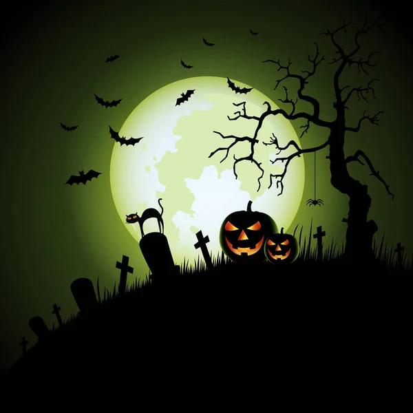 Halloween poster with scary cemetery and pumpkins template — 스톡 벡터