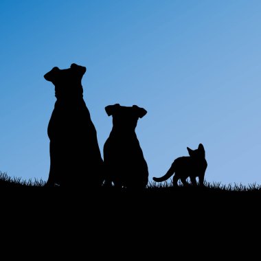İki köpeğin silueti ve küçük kedi şablonu