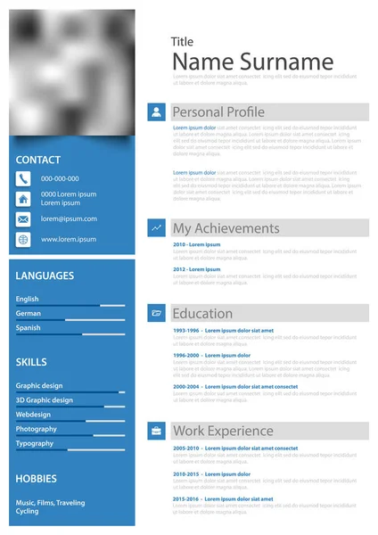 Curriculum professionale personale cv in bianco blu design semplice — Vettoriale Stock