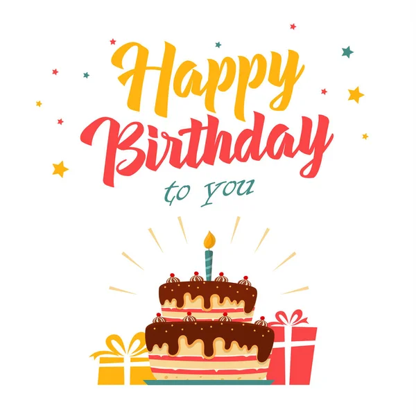 Geburtstagskarte Mit Kuchen Und Geschenken Auf Weißem Hintergrund Vektor Eps — Stockvektor
