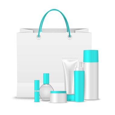 Açık mavi tasarım şablon içinde kozmetik koleksiyonu olan kağıt alışveriş torbası 10