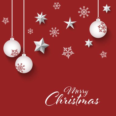 Kırmızı dizayn vektörlü beyaz toplar ve kar taneleri içeren Noel kartı 10 'a kadar çıkıyor.