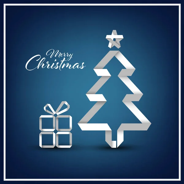 Cartão Natal Com Árvore Papel Dobrado Branco Desenho Azul Vetor — Vetor de Stock