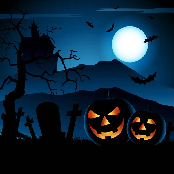 Halloween Blauwe Nacht Poster Met Grijnzende Pompoenen Template Vector Eps — Stockvector