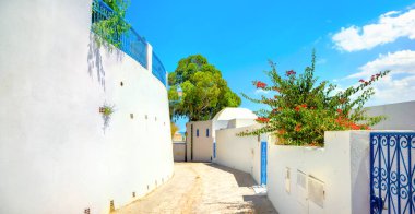Street in white blue town Sidi Bou Said. Tunisia, North Africa  clipart