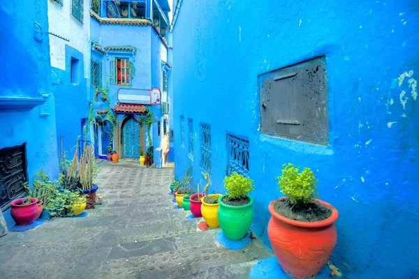 Scenic View Narrow Street Colorful Flowerpots Old Medina Blue Town — Stock Photo, Image