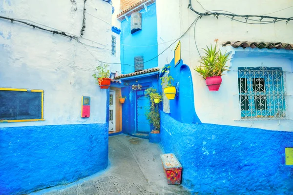 Scenic View Narrow Street Colorful Flowerpots Old Medina Blue Town — Stock Photo, Image