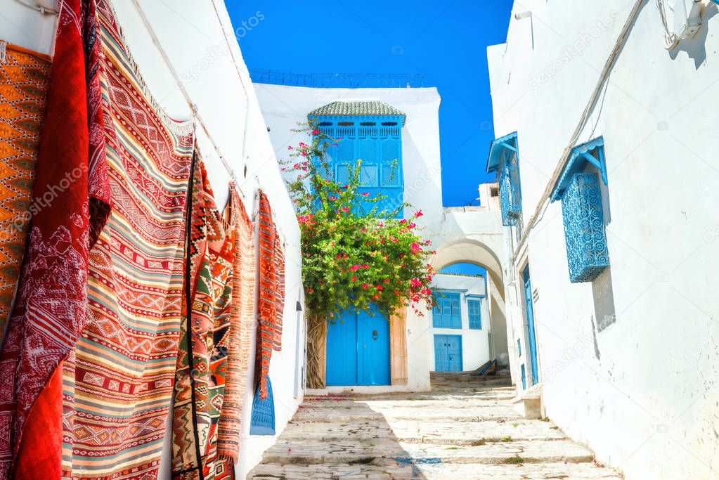 Street in white blue town Sidi Bou Said. Tunisia, North Africa 