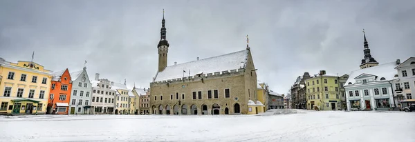 Pejzaż Panoramiczny Budynek Ratusza Domy Ratuszowym Kwadratowych Zimowy Śnieżny Dzień — Zdjęcie stockowe