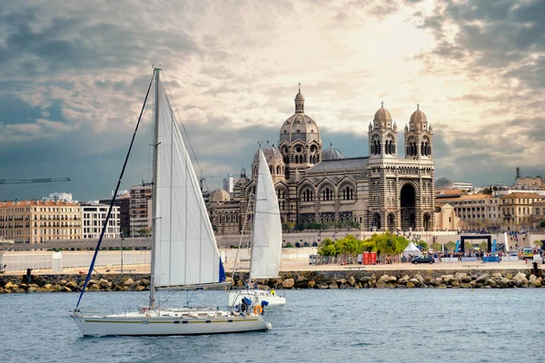 Vacker Utsikt Över Havet Och Katedralen Major Marseille Frankrike — Stockfoto