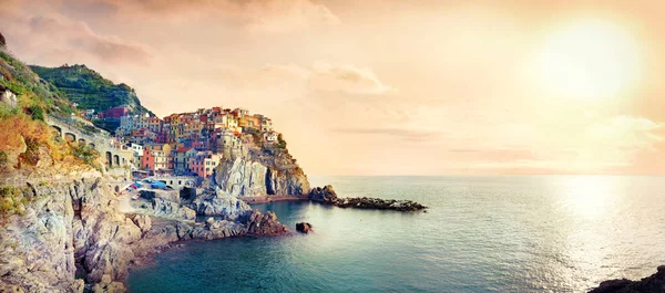 Panoramic View Manarola Resort Town Waterfront Bay Sunset Liguria Ital — Stock Photo, Image