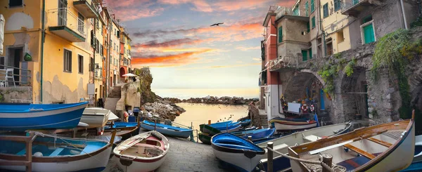 Paisagem Panorâmica Casas Antigas Rua Com Barcos Pesca Riomaggiore Ligúria — Fotografia de Stock