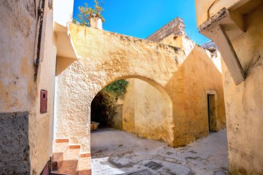 Essaouira 'daki renkli ev görünümlü sokak manzarası.