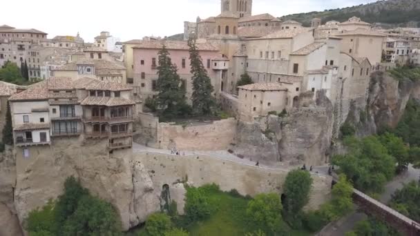 Aerial View Cuenca Historical Cathedral Which Cliff Middle Valley Spain — Stock Video