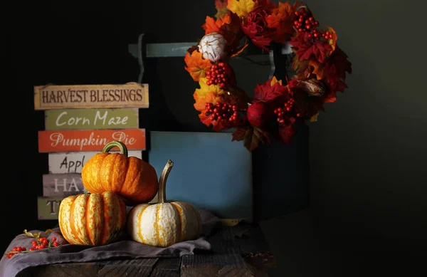 Fall pumpkins on the table, falls wreath, harvest