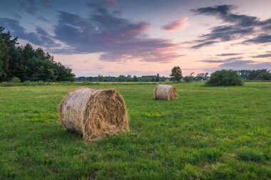 Günbatımı üzerinde çayır ve saman balya