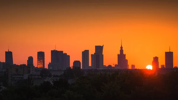 Panorama Der Wolkenkratzer Zentrum Von Warschau Bei Sonnenaufgang Polen — Stockfoto