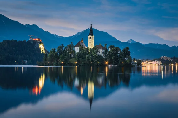 Eglise Sur Île Lac Bled Heure Bleue Slovénie — Photo