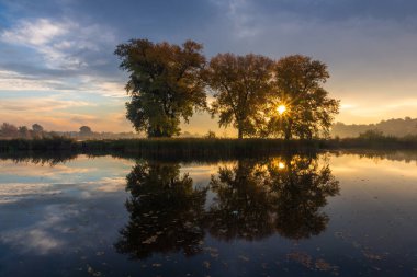 Güneş doğarken gölün üzerinde Falenty Raszyn, Masovia, Polonya yakınındaki sonbaharda