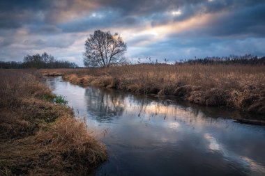Vadisi Jeziorka nehir ve yağmurlu bulutlar yakınındaki Piaseczno, pl, Polonya