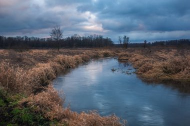 Vadisi Jeziorka nehir ve yağmurlu bulutlar yakınındaki Piaseczno, pl, Polonya