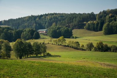 Suwalski manzarasında sonbahar manzarası, tepeler ve ağaçlar