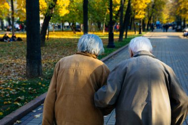 Arkadan sonbahar day.shot Park'ta yürüyordunuz yaşlı çift