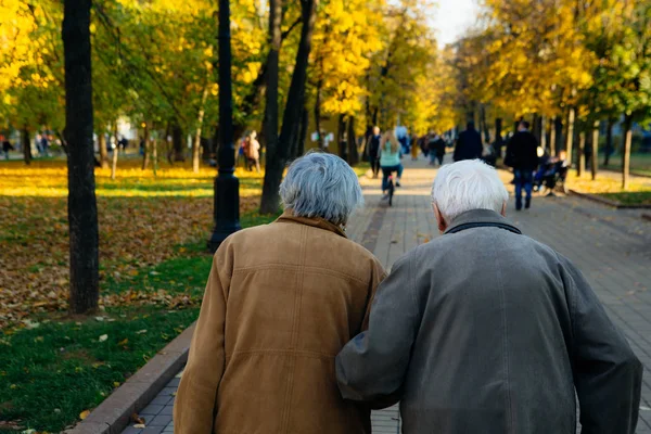 Elderly Couple Walking Park Autumn Day Shot Back — Stock Photo, Image