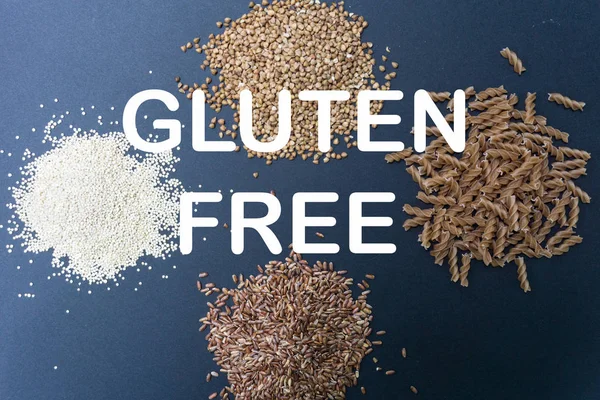 Various gluten-free products: buckwheat, quinoa, einkorn polba, spelt pasta and soba buckwheat flour noodles.