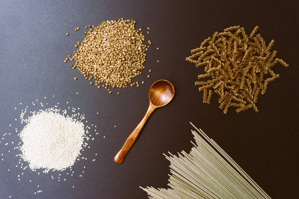 Gluten-free products: buckwheat, quinoa, einkorn polba, spelt, eincorn, emmer wheat pasta and soba buckwheat flour noodles