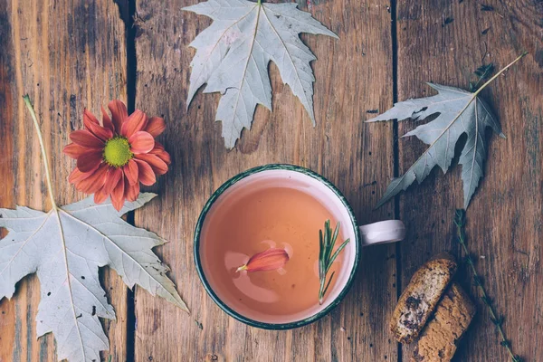 Rosemary Dan Thyme Herbal Jatuh Teh Latar Belakang Kayu Tua — Stok Foto