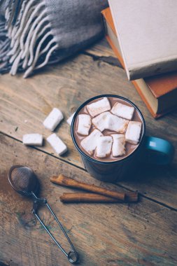 Fincan sıcak kakao ya da sıcak çikolata şekerleme ve tarçın ile ahşap arka plan üzerine yapışır. Kış ruh hali.