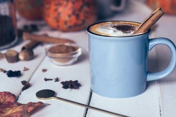 Latte Rempah Labu Atau Kopi Dengan Kayu Manis Dan Pala — Stok Foto