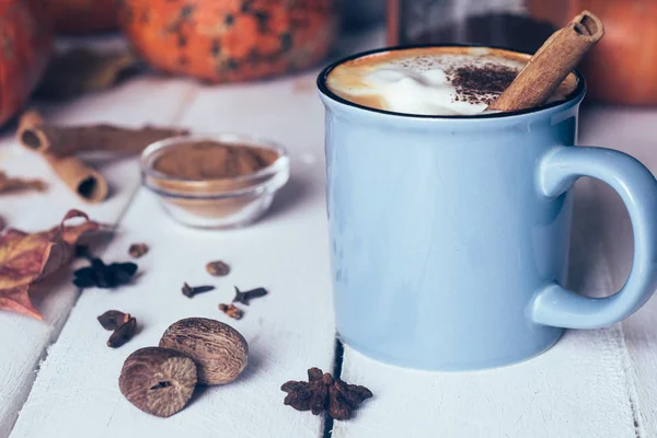 Latte Rempah Labu Atau Kopi Dengan Kayu Manis Dan Pala — Stok Foto