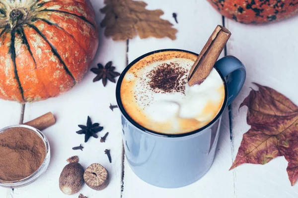 Latte Rempah Labu Atau Kopi Dengan Kayu Manis Dan Pala — Stok Foto