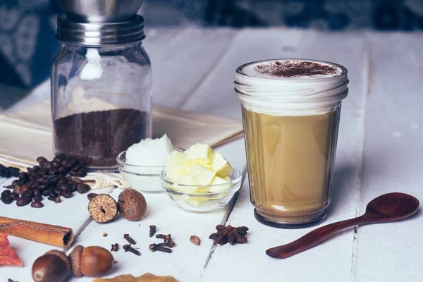 Café Prueba Balas Café Dietético Cetogénico Con Aceite Coco Mantequilla — Foto de Stock